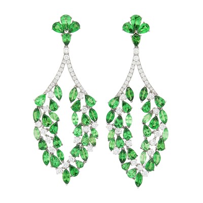 Lot 120 - Pair of White Gold, Tsavorite Garnet and Diamond Pendant-Earrings