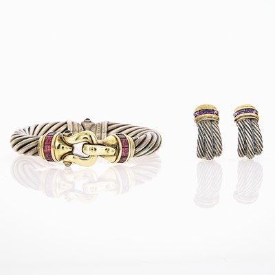 Lot 1200 - David Yurman Pair of Silver, Gold, Amethyst, Garnet and Cabochon Iolite Earrings and Bangle Bracelet