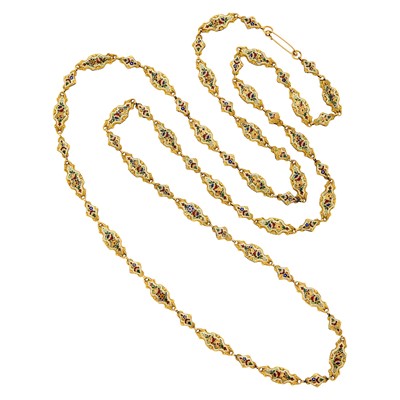 Lot 67 - Antique Long Gold and Swiss Enamel Muff Chain Necklace