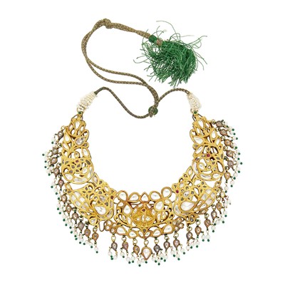Lot 55 - Indian Gold, Foil-Backed Paste, Freshwater Pearl, Green Glass Bead and Jaipur Enamel Fringe Bib Necklace