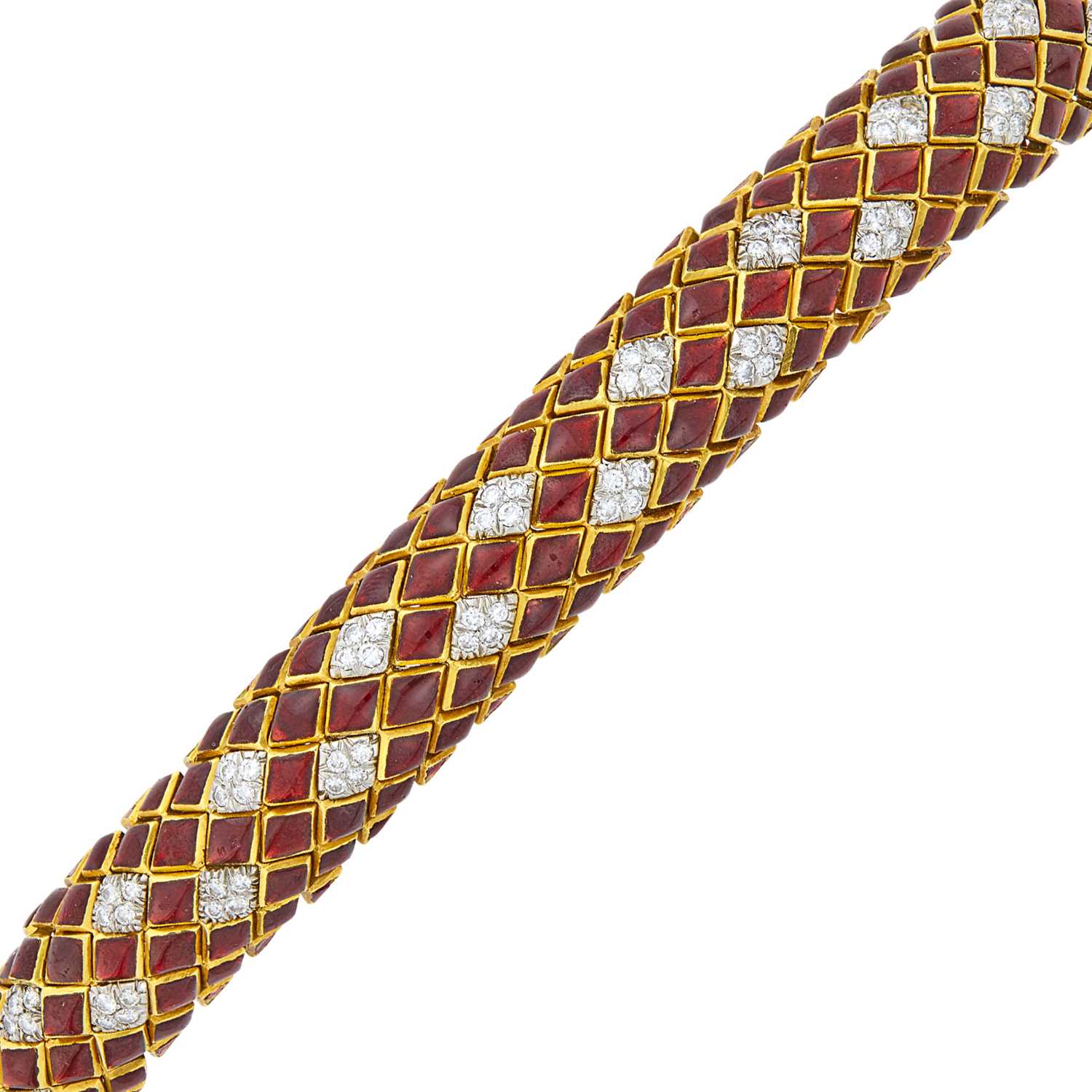 Lot 67 - David Webb Gold, Platinum, Red Enamel and Diamond Bombé Bracelet