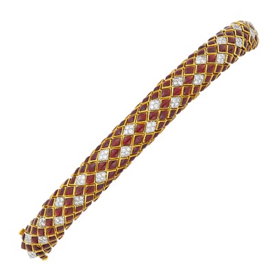 Lot 67 - David Webb Gold, Platinum, Red Enamel and Diamond Bombé Bracelet