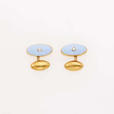 Lot 1145 - Pair of Gold, Lavender Enamel and Diamond Cufflinks