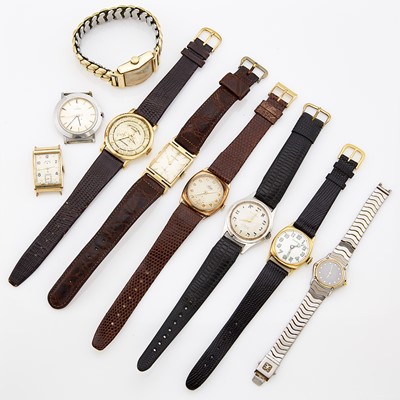 Lot 1256 - Seven Gold, Stainless Steel and Metal Wristwatches and Two Watch Heads