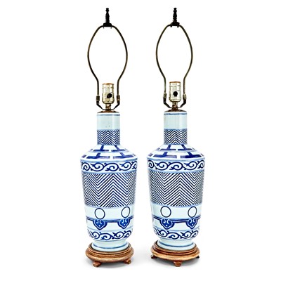 Lot 129 - Pair of Blue and White Decorated Porcelain Lamps