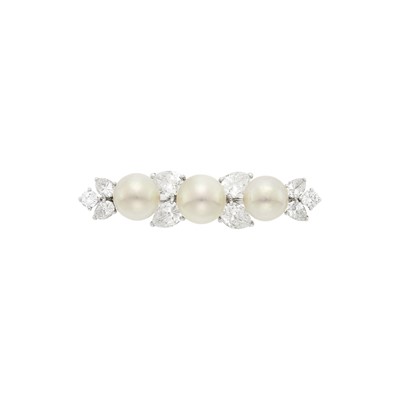 Lot 1069 - Platinum, Cultured Pearl and Diamond Bar Pin