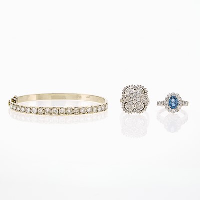 Lot 1247 - White Gold and Diamond Bangle Bracelet and Ring and Platinum, Sapphire and Diamond Ring