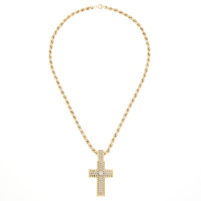Lot 1218 - Two-Color Gold and Diamond Cross Pendant with Rope-Twist Necklace