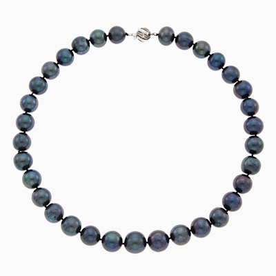 Lot 1245 - Dyed Black Cultured Pearl Necklace with White Gold and Diamond Clasp