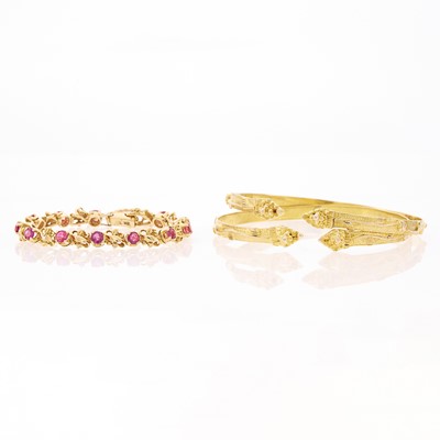 Lot 1269 - Gold and Ruby Bracelet and Pair of Silver-Gilt Bangle Bracelets