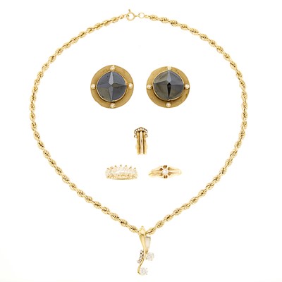 Lot 1239 - Group of Two-Color Gold and Diamond Jewelry and Joan Benjamin Pair of Black Spinel Earrings