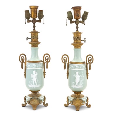 Lot 376 - Pair of Louis XVI Style Gilt-Metal Mounted Pate-sur-Pate Porcelain Table Lamps