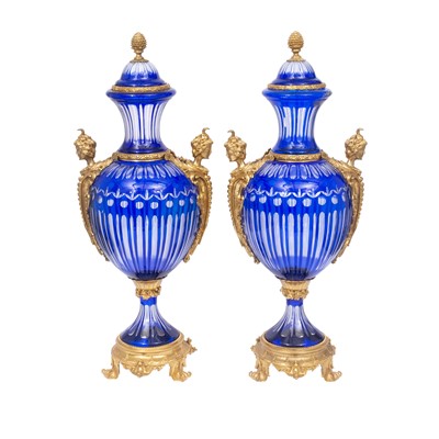 Lot 288 - Pair of Oversize Louis XVI Style Gilt-Metal Mounted Glass Two-Handled Urns and Covers