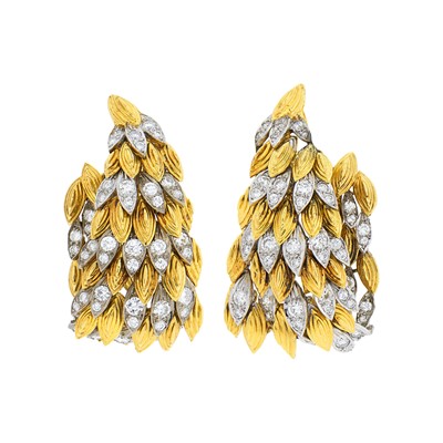 Lot 40 - Wander Pair of Gold, Platinum and Diamond Hoop Earclips, France