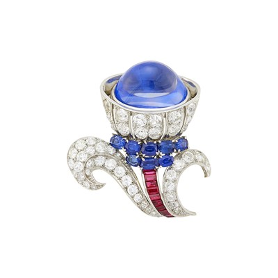 Lot 220 - Platinum, Cabochon Sapphire, Sapphire, Ruby and Diamond Flower Clip