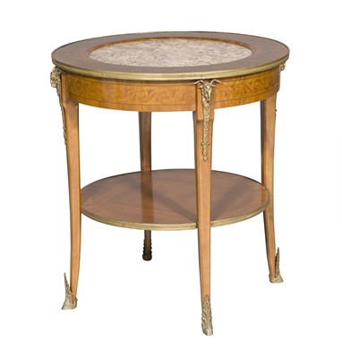 Lot 185 - Louis XV/XVI Transitional Style Marble Top Kingwood Faux Marquetry Two-Tier Occasional Table