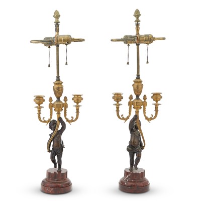 Lot 311 - Pair of Empire Style Gilt-Bronze Six-Light Candelabra Mounted as Lamps