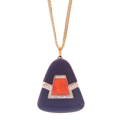 Lot 1237 - Gold, Black Onyx, Coral and Diamond Pendant with Chain Necklace
