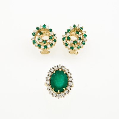 Lot 1232 - Pair of Gold, Emerald and Diamond Earclips and Ring