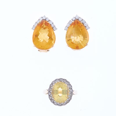 Lot 1216 - Pair of Gold, Citrine and Diamond Earclips and Lemon Quartz and Diamond Ring