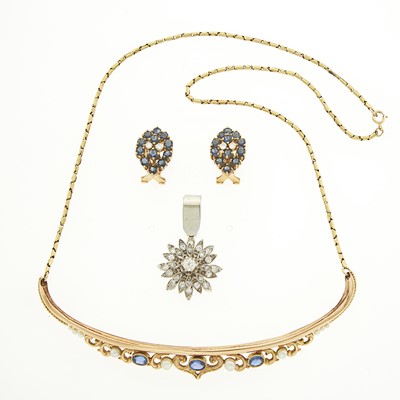 Lot 1260 - Pair of Gold, Sapphire and Diamond Earclips, Sapphire and Seed Pearl Necklace and Diamond Pendant