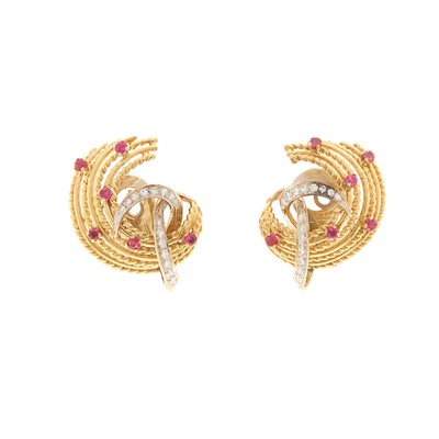 Lot 1149 - Pair of Two-Color Gold, Ruby and Diamond Earclips