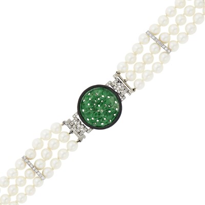 Lot 57 - Triple Strand Cultured Pearl, Platinum, White Gold, Carved Jade, Black Enamel and Diamond Bracelet