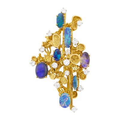 Lot 14 - Peter Lindeman Gold, Black Opal and Diamond Brooch