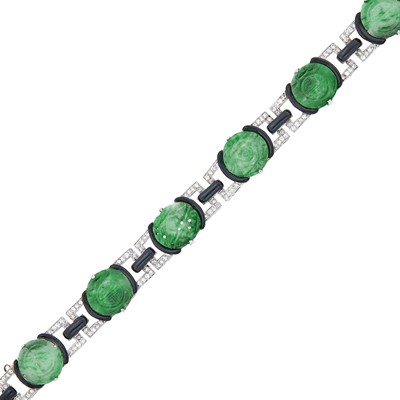 Lot 234 - Platinum, Carved Jade, Diamond and Black Enamel Bracelet, France