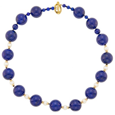 Lot 1226 - Lapis, Gold Bead and Cultured Pearl Necklace with Metal Clasp
