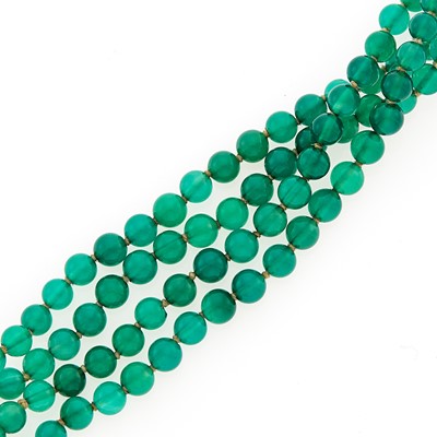 Lot 2139 - Four Strand Green Onyx Bead, Platinum and Diamond Torsade Bracelet
