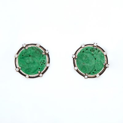 Lot 2136 - Pair White Gold, Carved Jade, Diamond and Black Enamel Earrings