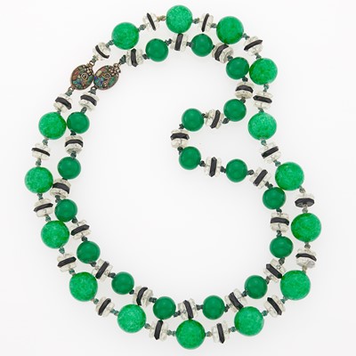 Lot 2142 - Pair of Green Glass, Rock Crystal and Black Onyx Bead Necklace