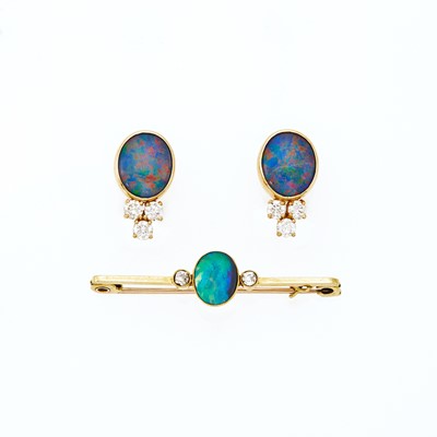 Lot 2107 - Gold, Black Opal and Diamond Bar Pin and Pair of Opal Doublet and Diamond Earrings