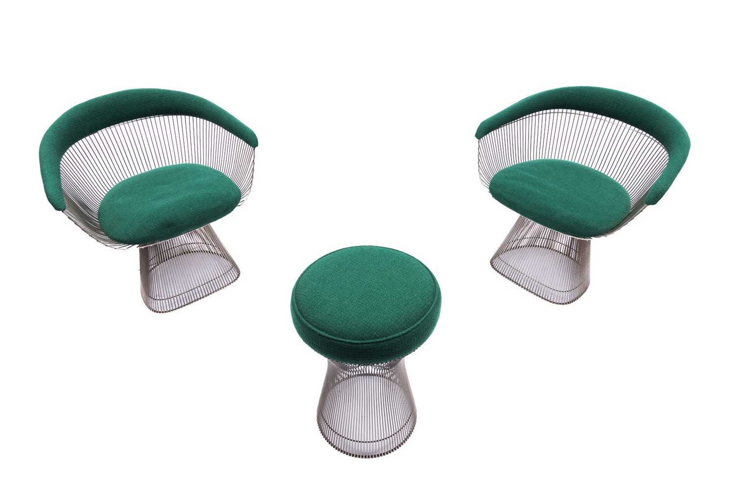 Lot 580 - Pair of Warren Platner Chromed Steel and Upholstered Armchairs and Stool