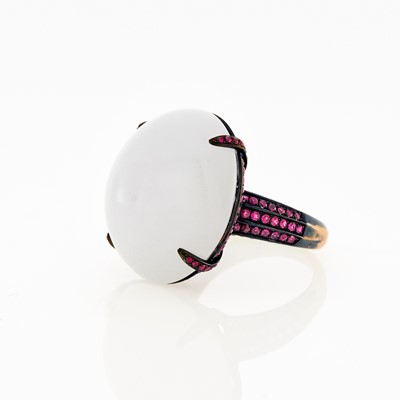 Lot 2171 - Blackened Gold, Ice Jade and Ruby Ring