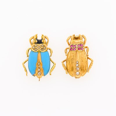 Lot 2155 - Two Antique Gold, Gold-Filled, Enamel, Split Pearl, Ruby and Diamond Beetle Pins