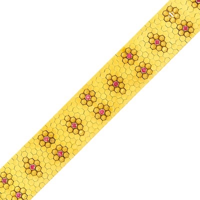 Lot 1085 - Bucherer Wide Gold and Ruby Honeycomb Link Bracelet