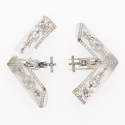Lot 2137 - Pair of Platinum, Frosted Rock Crystal and Diamond Clip-Brooch and Fragment