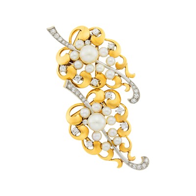 Lot 34 - Gold, Platinum, Cultured Pearl and Diamond Double Clip-Brooch