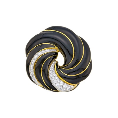 Lot 160 - David Webb Gold, Platinum, Black Enamel and Diamond Clip-Brooch