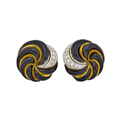 Lot 162 - David Webb Pair of Gold, Platinum, Black Enamel and Diamond Earclips