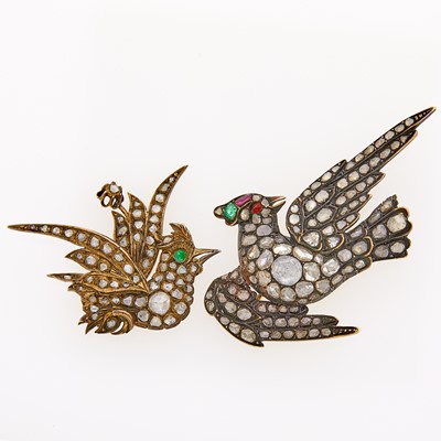 Lot 2103 - Two Antique Silver, Diamond, Emerald and Ruby Bird Brooches