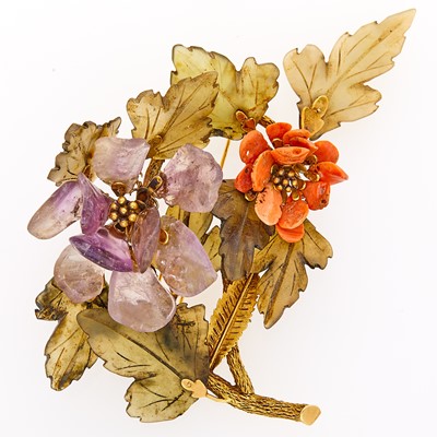 Lot 2149 - Oversized Gold, Carved Amethyst, Coral and Chalcedony Flower Corsage Brooch