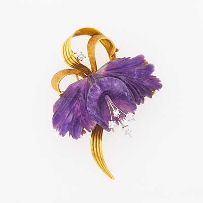 Lot 2150 - Spritzer & Furhmann Two-Color Gold, Carved Amethyst and Diamond Flower Brooch