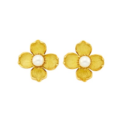 Lot 1207 - Tiffany & Co. Pair of Gold and Cultured Pearl 'Dogwood' Earrings