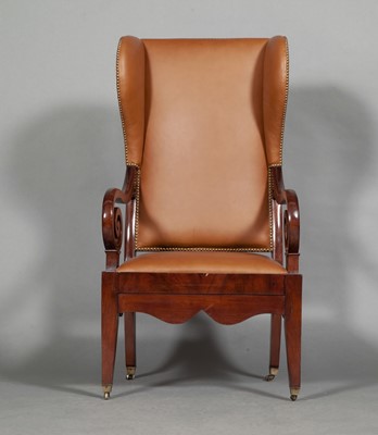 Lot 305 - North European Leather Upholstered Mahogany Wing Chair