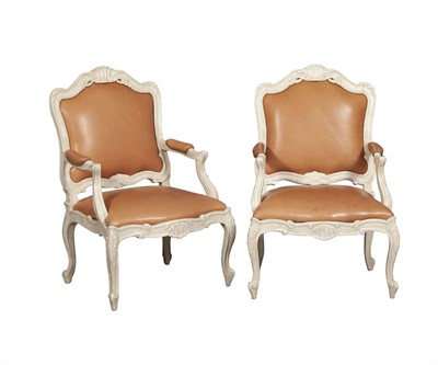 Lot 309 - Set of Four Louis XV Style Leather Upholstered Painted Wood Fauteuils