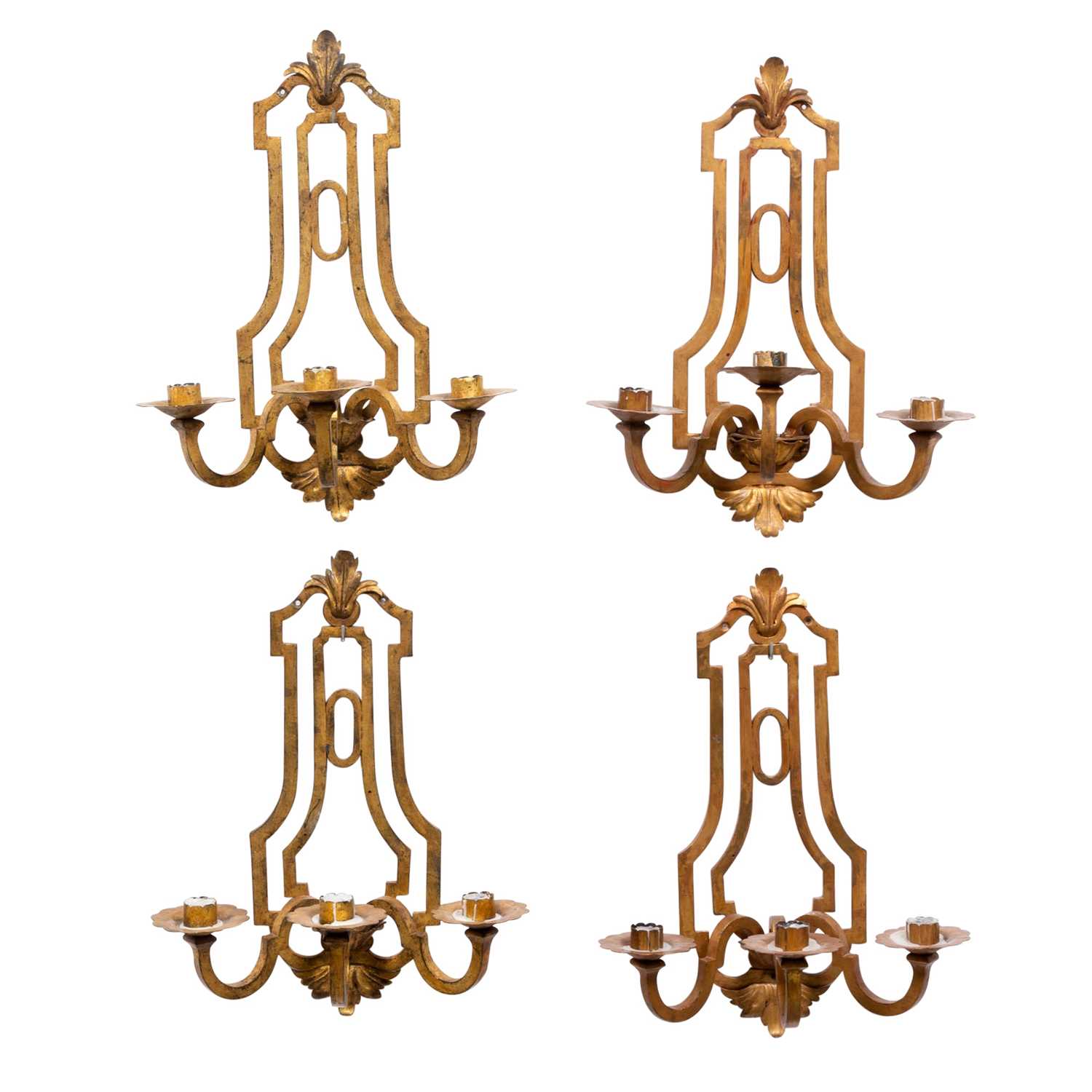 Lot 311 - Set of Four Gilt-Iron Three Light Wall Lights