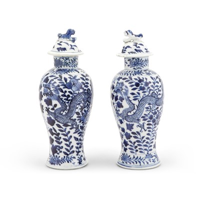 Lot 320 - Pair of Chinese Blue and White Porcelain Vases and Covers